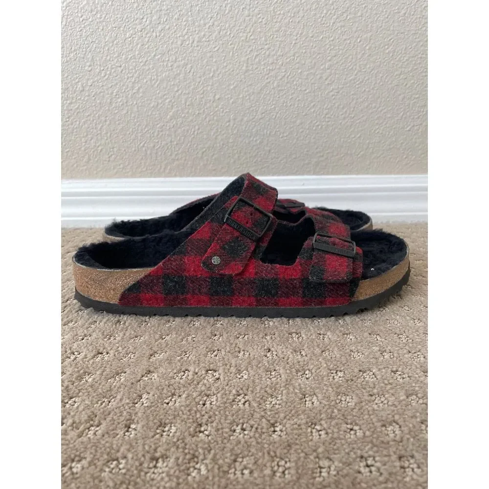 Birkenstock Arizona Shearling Sandals Men 45 US‎ 12 Red Black Wool Adjustable